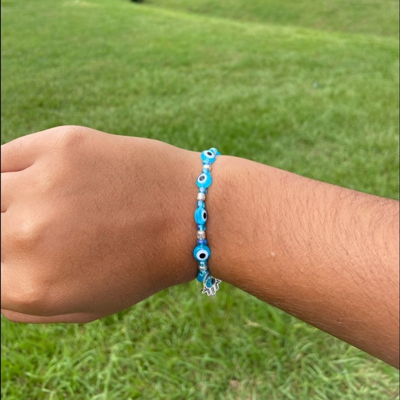 Light Blue Evil Eye Bracelet with Beads + hamsa hand - Picture 2 of 2